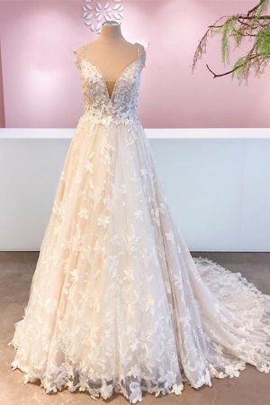 A-line Sweetheart Neck Sleeveless Sweep / Brush Train Tulle Bridal Gown With Appliques
