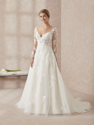 A-line V-neck Long Sleeves Sweep / Brush Train Lace Wedding Gown With Ruffles