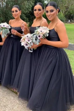 A-line Spaghetti Straps Square Neck Sleeveless Floor-length Tulle Bridesmaid Outfit