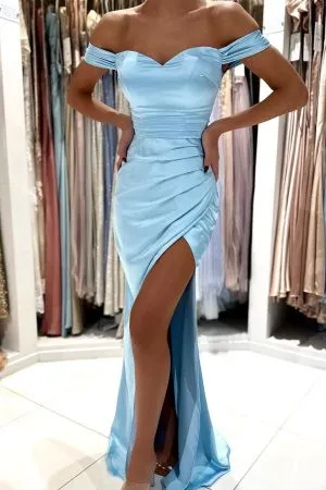 Mermaid Off-the-shoulder Sleeveless Floor-length Stretch Satin Prom Dress With Ruffles