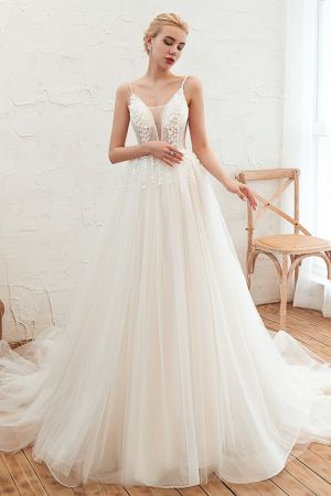 A-line Plunging Neckline Sleeveless Cathedral Train Tulle Wedding Gown With Flower(s)