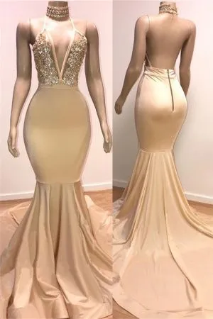 Mermaid V-neck Sleeveless Court Train Stretch Satin Evening Dress With Appliques