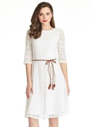 Bateau Neck A-Line Ivory White Lace Cocktail Dress with 3/4 Sleeves