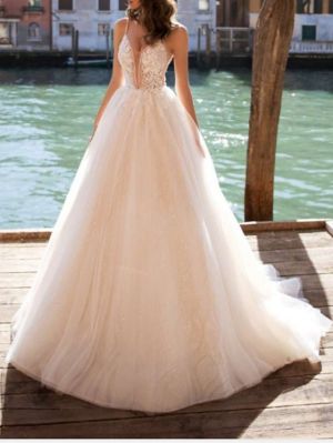 A-line V-neck Court Train Lace Wedding Gown With Lace
