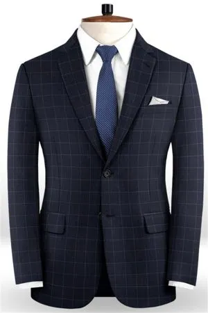 Dark Blue Checked Notch Lapel Men's Suit