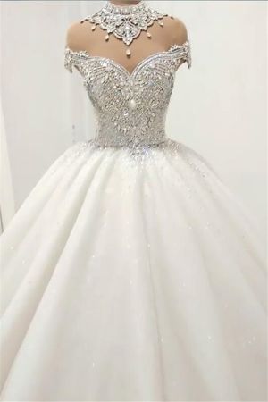 Ball Gown High Neck Court Train Tulle Wedding Gown With Crystal