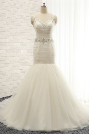 Mermaid Straps Sleeveless Floor-length Tulle Wedding Dress With Sequins
