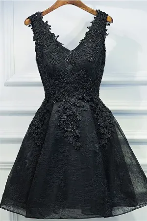 A-line V-neck Sleeveless Mini Lace Cocktail Party Dress With Appliques