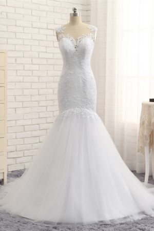 Mermaid Jewel Neck Sleeveless Floor-length Tulle Bridal Attire With Appliques