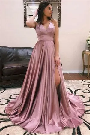 A-line V-neck Sleeveless Sweep / Brush Train Evening Dress With Split Front