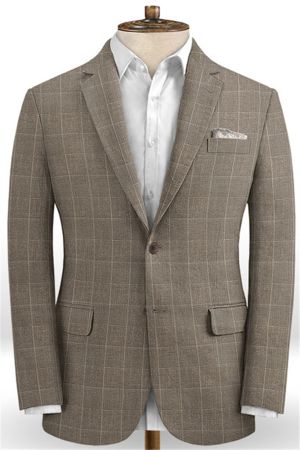 Camel Plaid Linen Wedding Men Suits