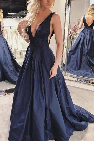 A-line Plunging Neckline Sleeveless Sweep / Brush Train Evening Gown With Ruffles