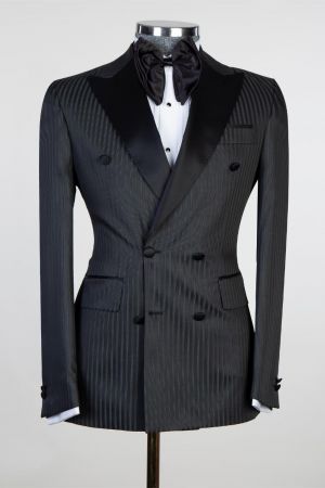Black Stripe Double Breasted Peaked Lapel Prom Men Suit