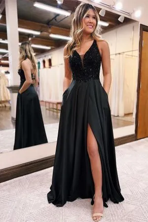 Chloe V Neck Beaded Sequin Top Satin A Line Prom Dress with High Split