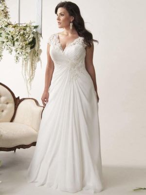 A-line V-neck Scoop Neck Cap Sleeves Floor-length Tulle Bridal Attire With Lace