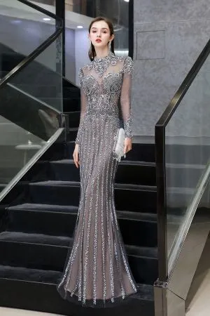 Mermaid High Neck Long Sleeves Sweep / Brush Train Tulle Evening Gown With Beading