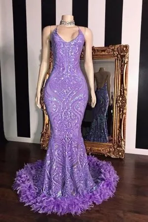 Mermaid Spaghetti Straps Floor-length Evening Dress With Feathers