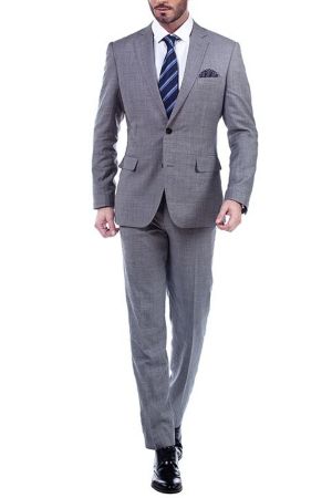 Grey Slim Fit Wool Blend Men's Suit with Notch Lapel and Two Flap Pockets