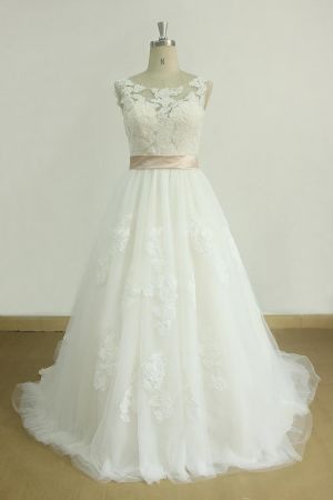 A-line Jewel Neck Sleeveless Chapel Train Tulle Bridal Attire With Ribbons