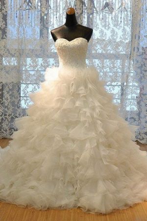 A-line Sweetheart Neck V-neck Sleeveless Floor-length Tulle Bridal Dress