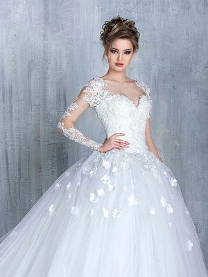 Ball Gown Court Train Tulle Wedding Gown With Lace