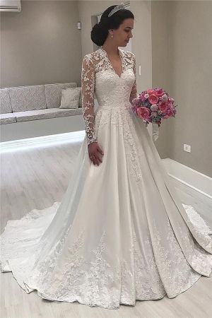 A-line V-neck Court Train Satin Wedding Gown With Lace