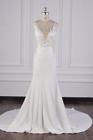 Mermaid V-neck Sleeveless Floor-length Satin Bridal Gown With Appliques