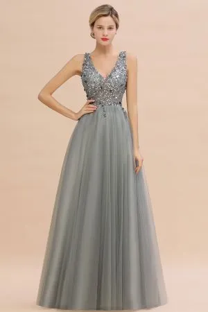 A-line V-neck Sleeveless Floor-length Tulle Evening Gown With Beading