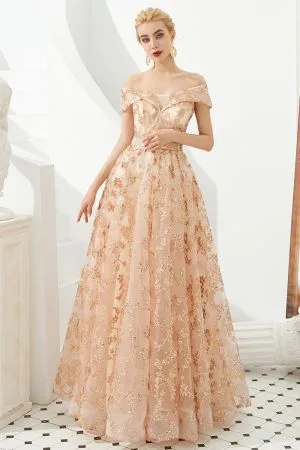 Ball Gown Off-the-shoulder Cap Sleeves Sweep / Brush Train Tulle Formal Dress With Sequins
