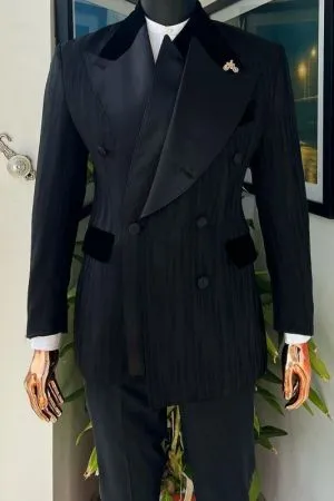 Black Textured Jacquard Double Breasted Suit with Velvet Peak Lapel