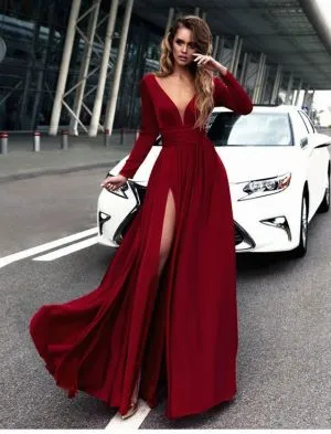 A-line V-neck Long Sleeves Floor-length Party Dress
