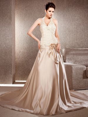 A-line V-neck Sleeveless Chapel Train Tulle Wedding Gown With Lace