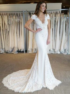 White V-Neck Lace Appliques Mermaid Bridal Gown with Backless Cap Sleeves