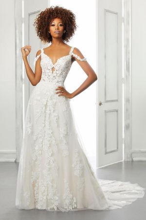 A-line Off-the-shoulder Sleeveless Sweep / Brush Train Lace Wedding Gown With Lace
