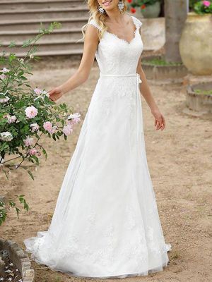 A-line V-neck Sleeveless Court Train Lace Bridal Gown With Lace