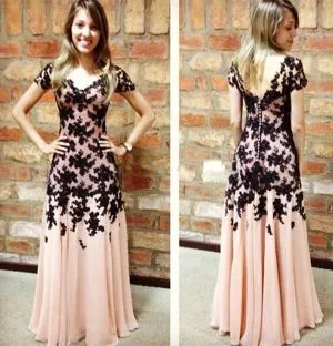 A-line Short Sleeves Floor-length 100D Chiffon Evening Gown With Appliques
