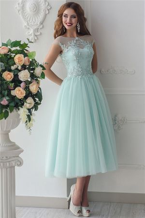 A-line Sleeveless Tea-length Tulle Cocktail Party Dress With Appliques