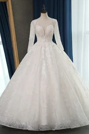 Ball Gown Jewel Neck Long Sleeves Floor-length Tulle Bridal Dress With Appliques