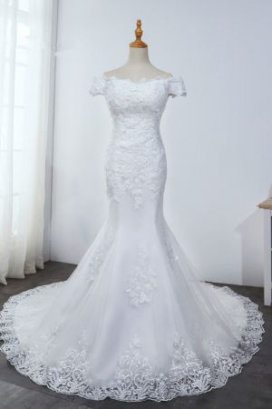Mermaid Off-the-shoulder Short Sleeves Floor-length Tulle Wedding Dress With Appliques