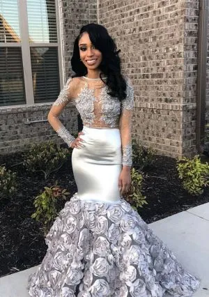 Silver Long Sleeve Prom Dress with Flower Bottom