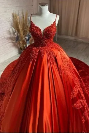 Spaghetti Straps Sweetheart Neck Sleeveless Court Train Satin Wedding Gown With Lace