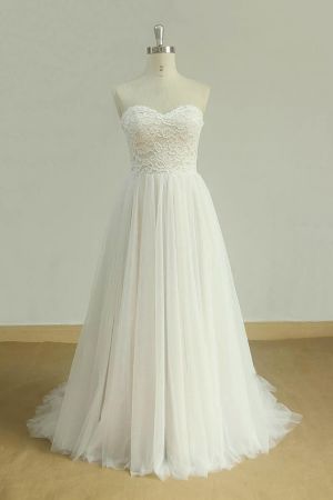 A-line Strapless V-neck Long Sleeves Floor-length Tulle Bridal Dress With Lace