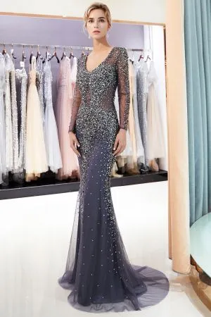 Mermaid V-neck Long Sleeves Court Train Tulle Evening Dress With Crystal