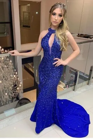 Column High Neck Sleeveless Floor-length Satin Evening Dress With Beading