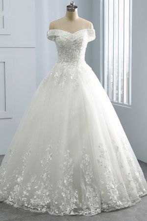 A-line Off-the-shoulder Sweetheart Neck Sleeveless Floor-length Tulle Bridal Dress With Sequins