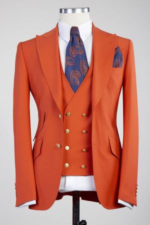 Orange Three Pieces Men Suit with Peaked Lapel
