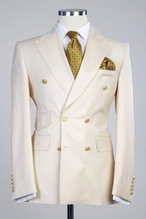 Creamy White Double Breasted Men Suit with Peaked Lapel