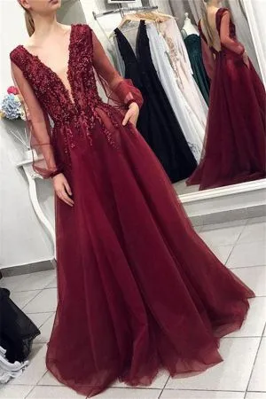 A-line V-neck Long Sleeves Sweep / Brush Train Evening Dress With Appliques