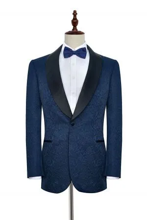 Navy Blue Mens Suits for Weddings with Jacquard Black Silk Shawl Lapel