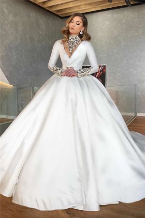 Ball Gown High Neck Court Train Satin Wedding Gown With Crystal